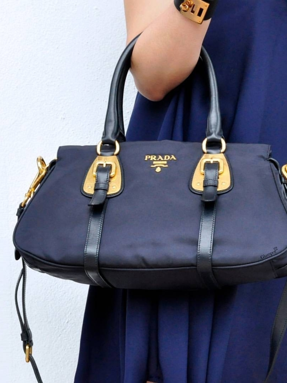 Prada Blue Tessuto Nylon & Soft Calfskin Leather Top Handle Bag
